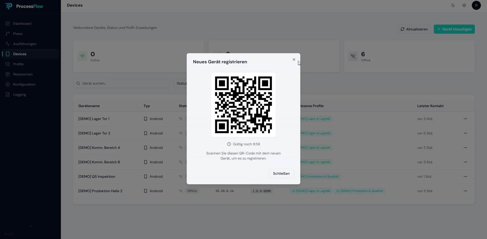 ProcessFlow Geräte-Registrierung: zeitlich begrenzter QR-Code mit Restlaufzeit, der das neue Gerät dem Mandanten und Profil zuordnet
