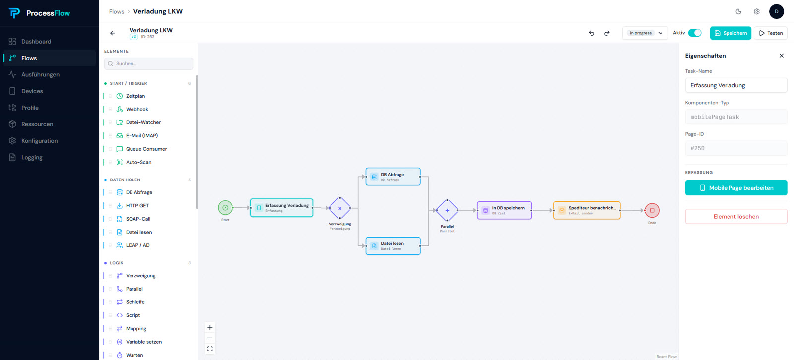 ProcessFlow Flow-Editor: BPMN-Graph mit Erfassung, paralleler Datenquelle und automatischer E-Mail-Benachrichtigung