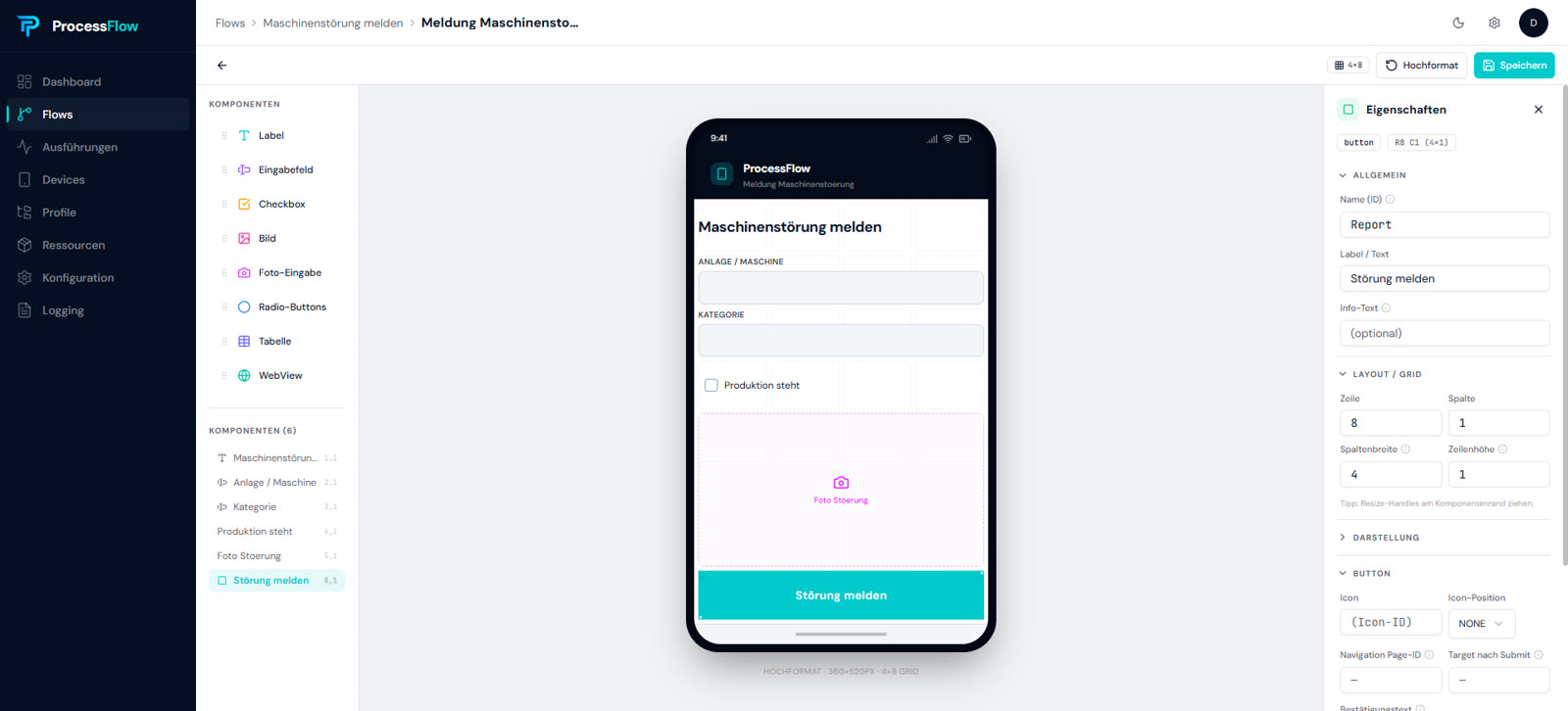 ProcessFlow Mobile-Page-Editor: Live-Vorschau einer Maschinenstörungs-Meldung mit Foto-Eingabe