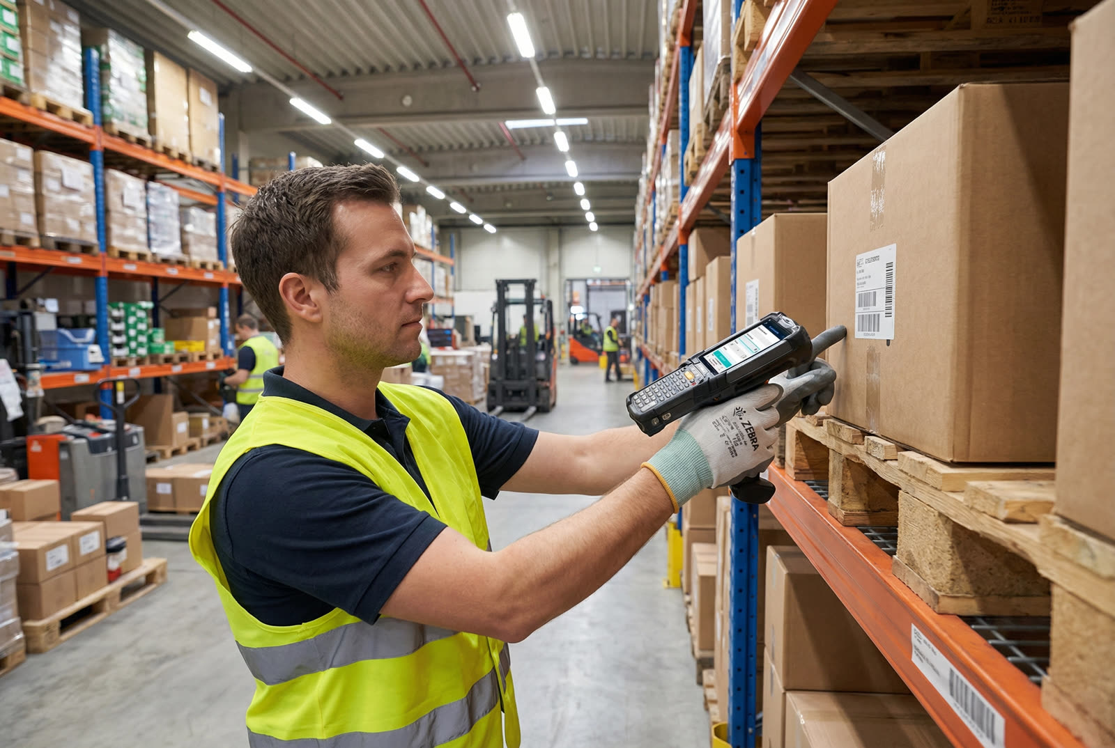 Lagerarbeiter scannt mit einem Industrie-Handheld eine Etikette an einer Palette